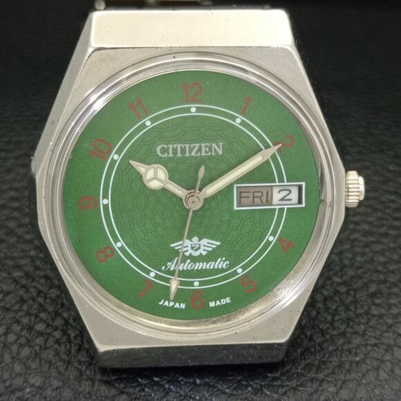 Vintage 1980 Citizen Automatic Mens Silver Watch W/daydate & Green accents - Picture 4 of 10